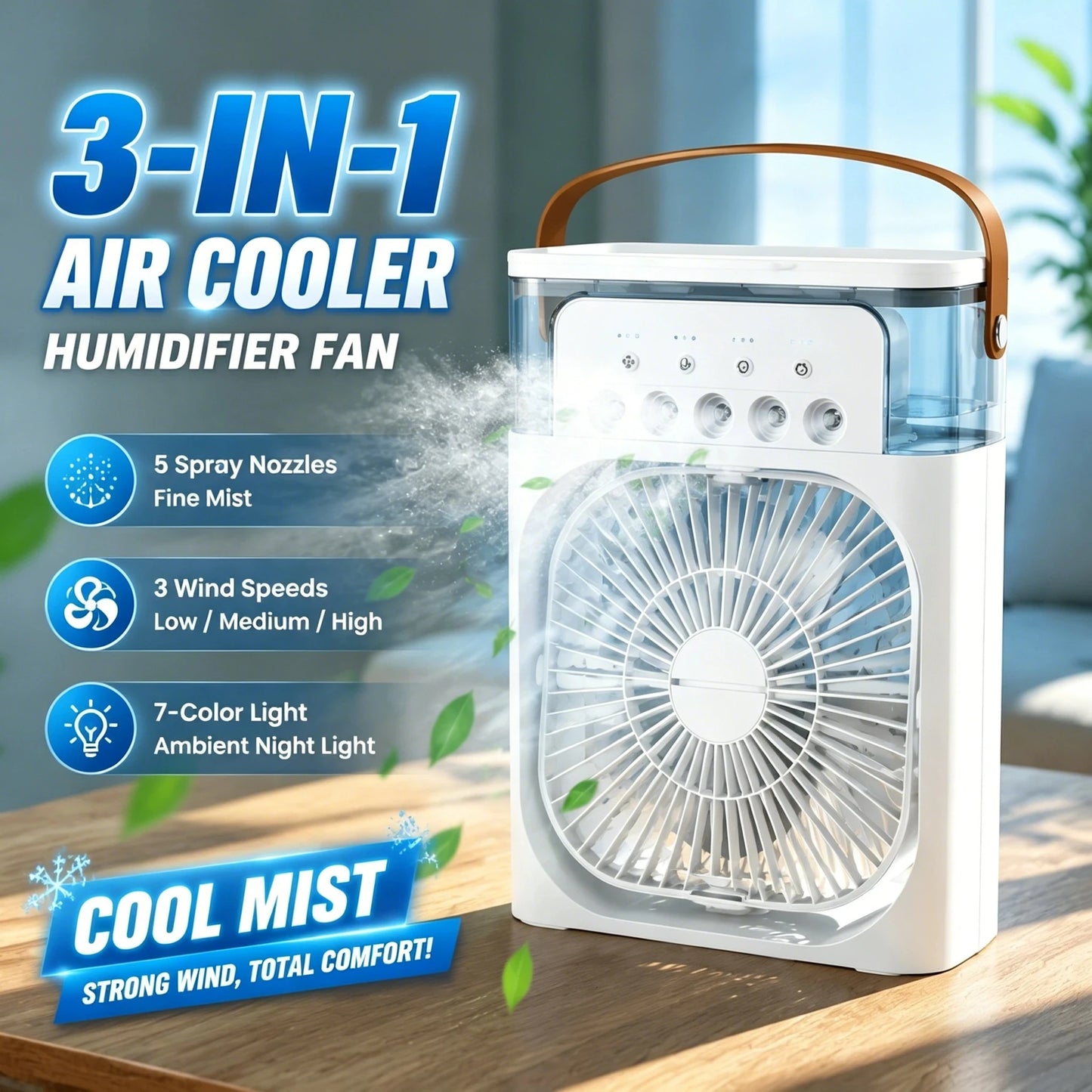 NUOYING  Portable 3 In 1 Fan Air Conditioner Household Small Cooling Fan Humidifier Built-in LED Night Light Air Adjustment for Home Office