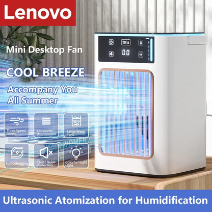Lenovo USB Air Cooler Portable Desktop Cooling Fan With Humidifier Dual Mist Spray Water Tank With Ice Box For Bedroom Home